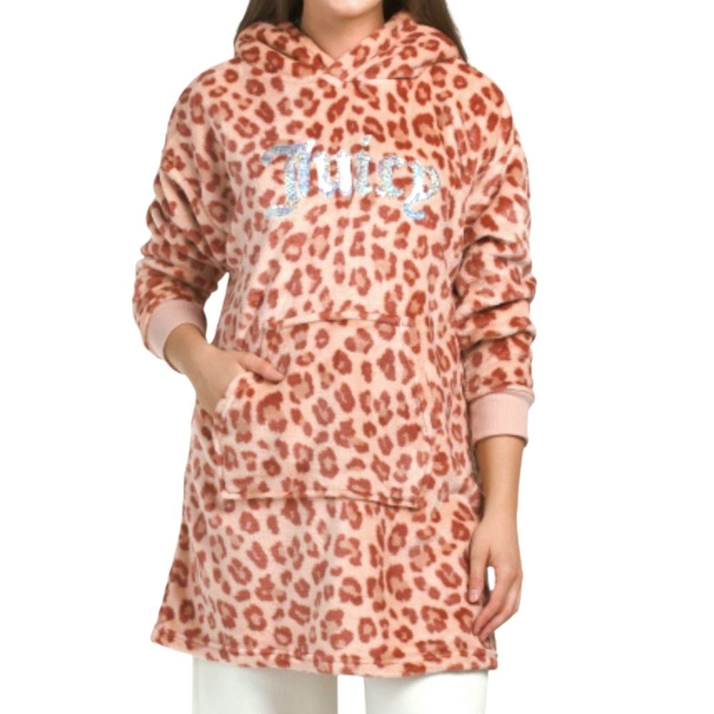 Brand New Juicy Couture Hoodie Sequin Animal Print Fleece Sherpa Tunic L/XL